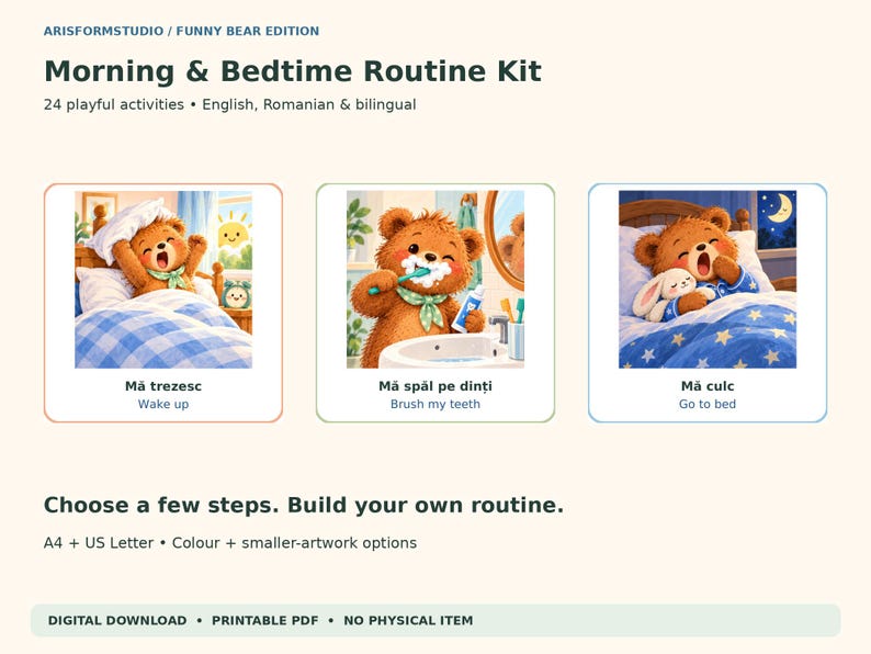 Funny Bear morning and bedtime routine printable kit