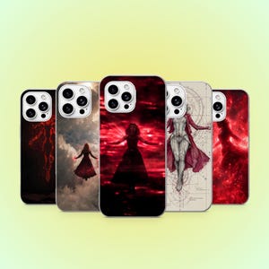 May include: Five smartphone cases arranged in a row, each featuring a unique graphic design centered on a figure in a red outfit. The designs include a silhouette against clouds, a figure in a red landscape, and a detailed sketch with geometric lines.