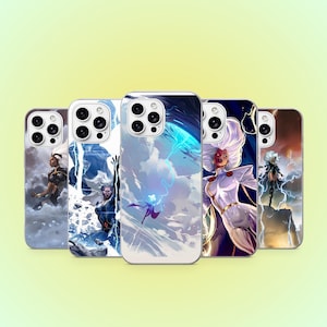May include: Five smartphone cases featuring various illustrations of the character Storm from X-Men. Each case displays a different scene with lightning, clouds, and the character in various costumes, including white and black outfits with gold accents.