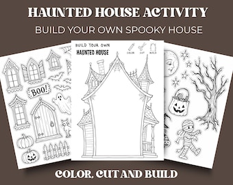 May include: Three white sheets featuring black line art for a Haunted House Activity. The pages include a house outline, windows, doors, a ghost, pumpkins, a mummy, a tree, and a moon, with text reading Haunted House Activity and Build Your Own.