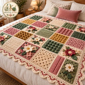 Crochet Blanket Pattern PDF, Floral Patchwork Afghan, Bobble Stitch & Cottagecore Design