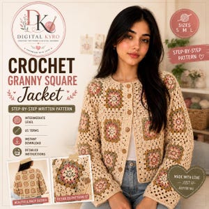 Granny Square Cardigan PDF, Crochet Sweater, Easy Beginner Design, Boho Patchwork Jacket, Instant Download