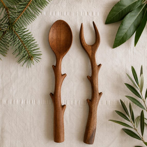 Fork and spoon carved to retain the natural branch shape — it's functional sculpture that looks like it came out of an enchanted forest.