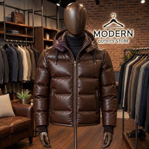 Può includere: Un piumino in pelle marrone scuro con cappuccio, cerniera metallica a tutta lunghezza e polsini a coste. La giacca è esposta su un manichino che indossa un maglione a collo alto nero. Il testo MODERN OUTFITS STORE è visibile sullo sfondo.