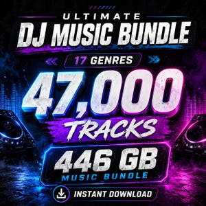 Puede incluir: Un gráfico digital para un Ultimate DJ Music Bundle que incluye 47,000 pistas en 17 géneros, con un total de 446 GB. El diseño presenta iluminación de neón azul y morada, equipo de DJ y texto que indica una opción de descarga instantánea.