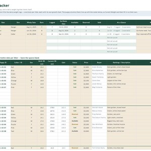 Puede incluir: Una hoja de cálculo digital titulada Litter Tracker que presenta dos secciones principales: Litters y Puppy Roster. La tabla incluye columnas para ID de camada, madre, fecha de nacimiento, ID de cachorro, color de collar, sexo, peso al nacer en onzas, peso actual y estado.