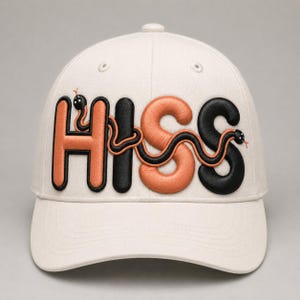 Puede incluir: Una gorra de béisbol color crema con la palabra HISS bordada en un estilo acolchado y elevado. Las letras alternan entre naranja y negro, con un gráfico de serpiente fina y sinuosa integrado en el diseño, conectando las letras entre sí.