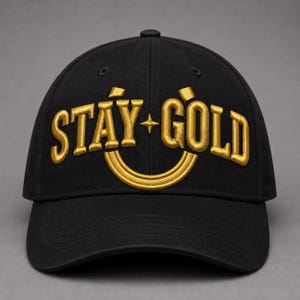 Puede incluir: Una gorra de béisbol negra con el texto STAY GOLD bordado en hilo dorado metálico. El diseño incluye una pequeña estrella de cuatro puntas entre las palabras y una línea dorada curva debajo, creando una apariencia gráfica de sonrisa.