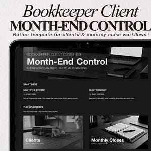Puede incluir: Una pantalla de tableta digital que muestra una plantilla de Notion titulada Bookkeeper Client Month-End Control. La interfaz presenta secciones para Start Here, Daily Control y The Workspace, con subcategorías para Clients y Monthly Closes.