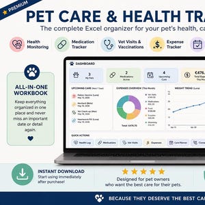 Può includere: Una cartella di lavoro Excel digitale per il monitoraggio della salute e della cura degli animali domestici visualizzata su uno schermo di un portatile. La dashboard include sezioni per salute, farmaci, visite veterinarie e spese.