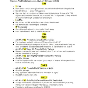 Peut inclure: Un document intitulé Endorsements and Logbook Entries Technical Subject Area Task K Student Pilot Endorsements Advisory Circular 61-65K. Il liste les exigences pour TIM, TSA, IACRA, Medxpress, 3s, BCN, OVER et PIZZA avec des instructions à puces.