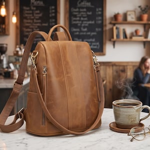 May include: A tan leather backpack featuring a vertical stitched panel design, a top handle, adjustable shoulder straps with gold-toned metal hardware, and a side zipper pocket. The bag has a smooth matte finish and a structured, upright rectangular shape.