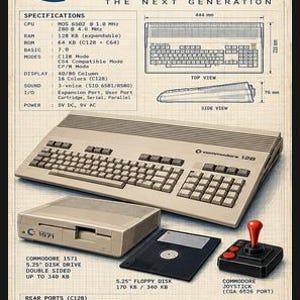 May include: A technical poster featuring the Commodore 128 computer, a 1571 disk drive, a 5.25-inch floppy disk, and a joystick. The print includes detailed specifications, a top and side view diagram, and a rear port layout with labels.