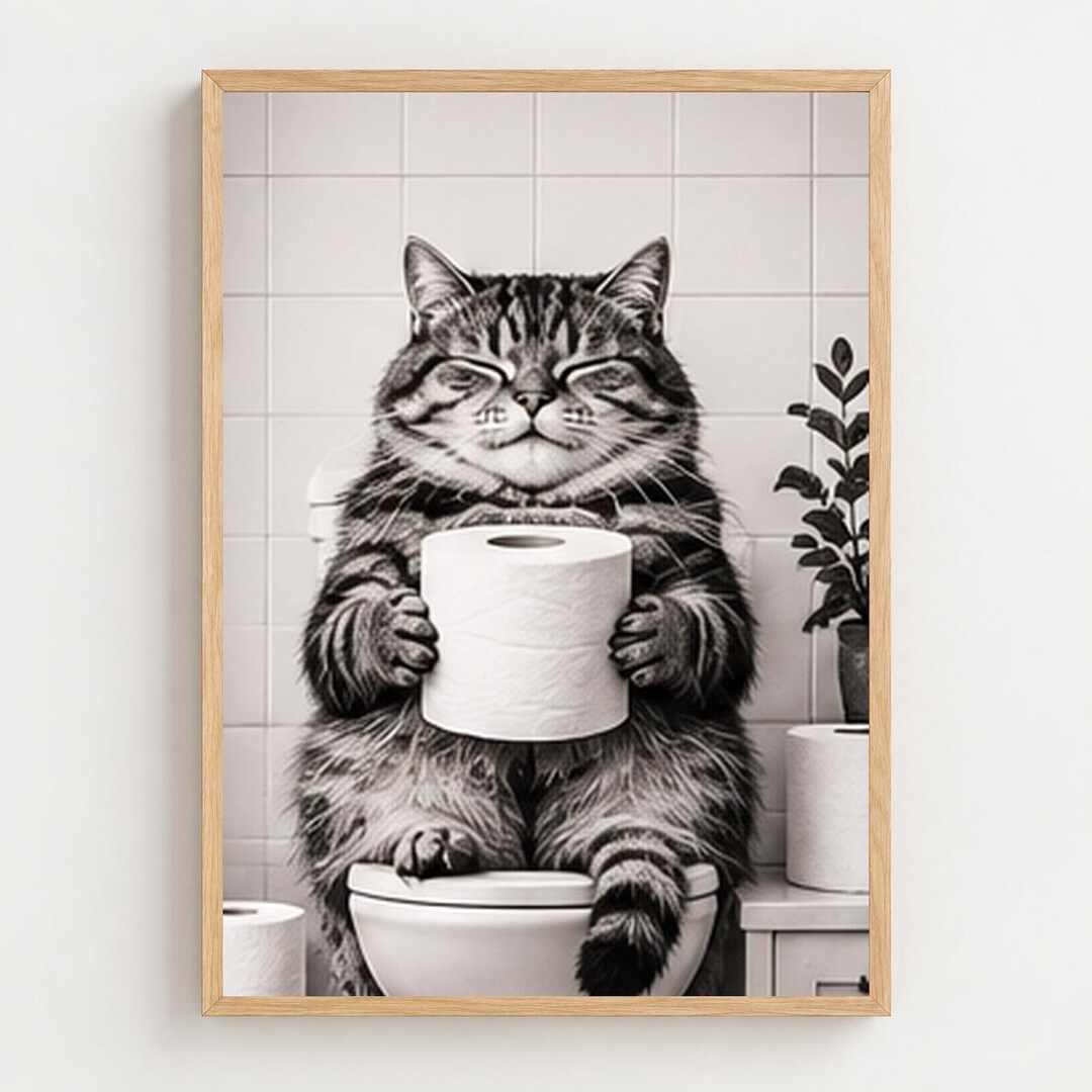 Funny Cat Bathroom Wall Art, Printable Animal Poster, Digital Download ...