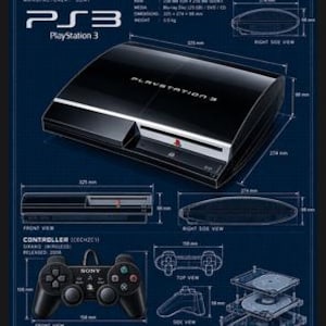 Könnte beinhalten: Ein technisches Blaupausen-Poster der PlayStation 3 Konsole und des Controllers. Es zeigt die schwarze Konsole mit weißen technischen Spezifikationen, Maßen von 325 x 274 x 98 mm sowie verschiedenen Ansichten wie Vorderseite, Seite und interne Laufwerkskomponenten.