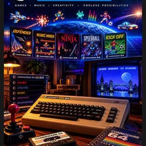 以下が含まれることがあります： ベージュのキーボードユニット、黒いジョイスティック、カセットテープ、スパイラル綴じのユーザーマニュアルを備えたCommodore 64ホームコンピュータ。モニターにはピクセル化された街並みが表示され、上部のポスターにはゲームタイトルとCommodore 64の文字が記されている。