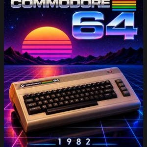 Puede incluir: Un ordenador doméstico Commodore 64 de color beige con teclado negro, situado sobre un paisaje digital con puesta de sol, montañas y una cuadrícula. El texto dice COMMODORE 64, 1982 THE BEGINNING y GAMESTORY RETRO COMPUTING LEGENDS.