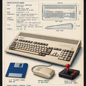 Op de afbeelding: Een technisch poster van de Amiga 1200 computer met een beige toetsenbordeenheid, een 3,5-inch diskette, een muis met twee knoppen en een zwarte joystick. De print bevat gedetailleerde specificaties, bovenaanzichten, zijaanzichten en poortindelingen.