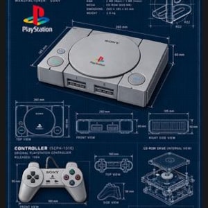Op de afbeelding: Een technisch blauwdruk-poster van de PlayStation 1-console en controller. De donkerblauwe achtergrond bevat witte lijntekeningen, afmetingen in millimeters en technische specificaties voor de console, controller en het cd-rom-station.