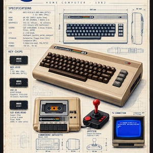 May include: A technical poster featuring the Commodore 64 home computer, including a beige keyboard unit, a 1530 Datasette tape drive, a black joystick with a red handle, and a monitor displaying text. It includes schematics, chip specifications, and port diagrams with measurements in millimeters.