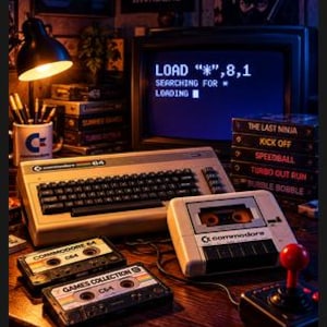 Puede incluir: Un ordenador Commodore 64 de color beige con teclado negro, una unidad de casete blanca, dos cintas de casete negras y un joystick negro. El monitor muestra el texto LOAD "*",8,1 y SEARCHING FOR *. Una taza con logo está cerca de una lámpara.