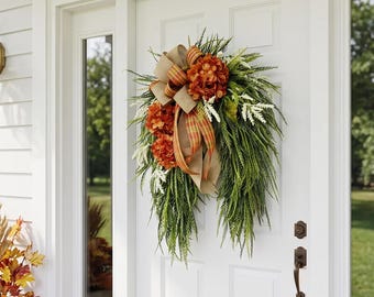 Höstkransar för Thanksgiving-dekorationer till ytterdörren med båge, höstkrans för dörren, julklapp, heminredning, veranda