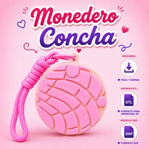 Könnte beinhalten: Eine runde rosa Geldbörse mit strukturiertem Concha-Brot-Muster und passender geflochtener rosa Handschlaufe. Der Text Monedero Concha steht über dem Objekt, zusammen mit Symbolen für STL- und 3MF-Dateiformate für 3D-Druck-Downloads.