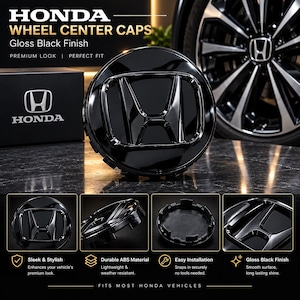 May include: Gloss black Honda wheel center caps featuring the raised Honda logo emblem. The set includes a front view, side profile, and back view showing the snap-in clips. The text reads HONDA WHEEL CENTER CAPS, Gloss Black Finish, PREMIUM LOOK, PERFECT FIT, and FITS MOST HONDA VEHICLES.