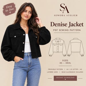 May include: A black corduroy jacket with a collar, silver buttons, and gathered cuffs. The image includes text: Sewora Atelier, Denise Jacket PDF Sewing Pattern, sizes XS to XXXL, printable pattern, A4, US Letter, A0, layered sizes, seam allowance included.