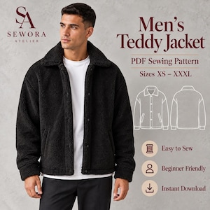 Peut inclure: Une veste teddy noire avec un col, des manches longues et une fermeture à boutons. Le texte indique : Men's Teddy Jacket, PDF Sewing Pattern, Sizes XS - XXXL, Easy to Sew, Beginner Friendly, Instant Download. Inclut un croquis.
