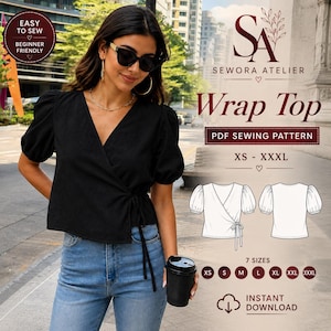 Può includere: Un top a portafoglio nero con maniche corte a sbuffo e chiusura laterale a fiocco. L'immagine include il testo Sewora Atelier Wrap Top PDF Sewing Pattern XS-XXXL, Easy to Sew Beginner Friendly e Instant Download, con un disegno tecnico.