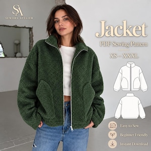 Peut inclure: Une veste en polaire texturée vert foncé avec un col montant et une fermeture éclair. L'image contient le texte 'Jacket', 'PDF Sewing Pattern', 'XS – XXXL', 'Easy to Sew', 'Beginner Friendly', 'Instant Download' et des croquis.