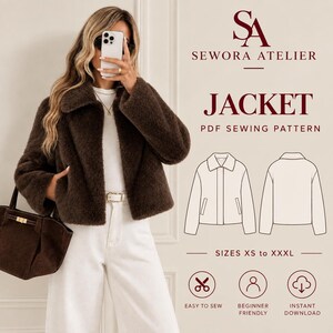 May include: A dark brown faux fur jacket with a collar and long sleeves, worn with white trousers and a dark brown handbag. The image features text for a Sewora Atelier PDF sewing pattern, displaying front and back line drawings for sizes XS to XXXL.