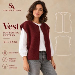 Può includere: Un gilet bordeaux senza maniche dalla finitura testurizzata, indossato sopra una camicia bianca a maniche lunghe e jeans grigi. L'immagine include il testo Sewora Atelier, Vest, PDF Sewing Pattern, XS-XXXL, Easy to Sew, Beginner Friendly, Instant Download.