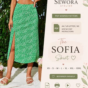 May include: A green midi skirt with a small white floral pattern and a side slit. The image includes text for the Sewora Atelier Sofia Skirt PDF sewing pattern, featuring A4, US letter, and A0 formats, step-by-step instructions, and sizes XS to XXXL.