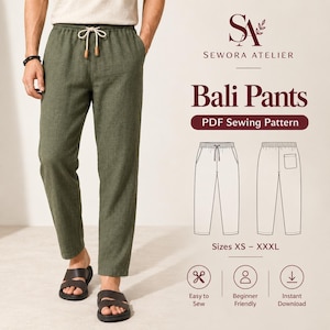 May include: Olive green pants with an elastic waistband and a white drawstring. The image includes text: SEWORA ATELIER, Bali Pants, PDF Sewing Pattern, Sizes XS - XXXL, Easy to Sew, Beginner Friendly, and Instant Download with icons.