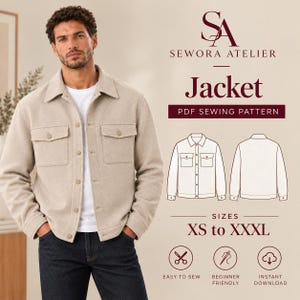 Puede incluir: Una chaqueta beige abotonada con dos bolsillos en el pecho, sobre una camiseta blanca. La imagen incluye el texto SEWORA ATELIER, Jacket, PDF SEWING PATTERN, SIZES XS to XXXL, EASY TO SEW, BEGINNER FRIENDLY e INSTANT DOWNLOAD con dibujos.