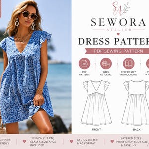 May include: A blue floral print dress with flutter sleeves and a V-neckline. The image includes text for a PDF sewing pattern by Sewora Atelier, featuring front and back technical sketches, size range XS to XXL, and a 1/2 inch seam allowance.
