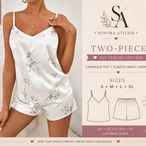 Peut inclure: Un patron de couture PDF deux pièces pour un caraco et un short à taille élastique de Sewora Atelier. L'ensemble présente un tissu satiné blanc avec un imprimé floral délicat. Le patron inclut les tailles S, M, L et XL en formats A4, US Letter et A0.