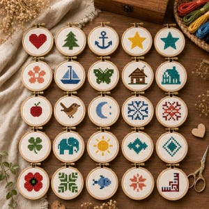 Peut inclure: Une collection de vingt-cinq petits tambours à broder circulaires en bois, chacun contenant un motif au point de croix unique sur tissu blanc. Les motifs incluent un cœur rouge, un sapin vert, une ancre bleue, une étoile jaune, une étoile turquoise, une fleur, un bateau, un papillon, une maison, une pomme, un oiseau, une lune, un flocon, un trèfle, un éléphant, un soleil et divers motifs géométriques.