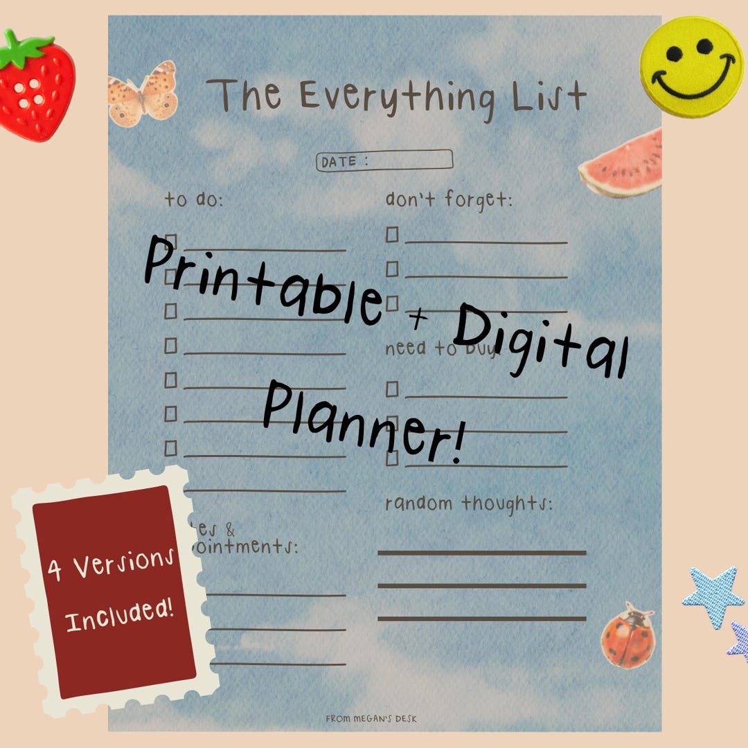 Everything List Planner, Printable to Do, Daily Organizer (digital ...