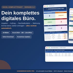 Könnte beinhalten: Ein digitales Büro-Softwarepaket für Excel mit Dashboard, Angebotskalkulator und Gewinnanalyse-Tool. Die Benutzeroberfläche zeigt Datentabellen, Finanzübersichten und Projektverfolgungsmetriken in einem blau-weiß-bunten Layout.