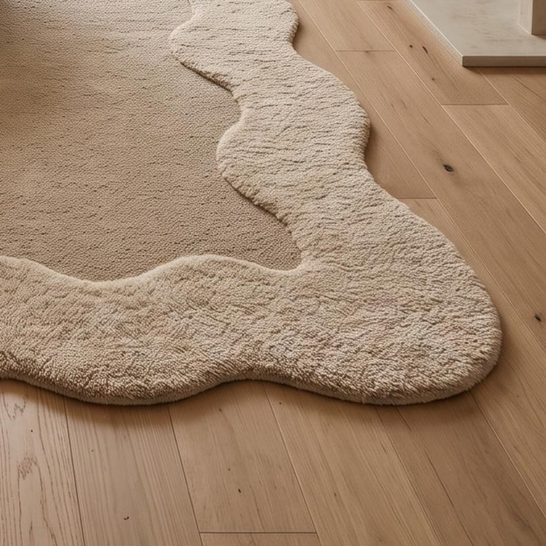 Organic Pastel Rug Texture Hand Tufted Organic Shaped Wool Area Rug | Scalloped Cream Wool Rug ...