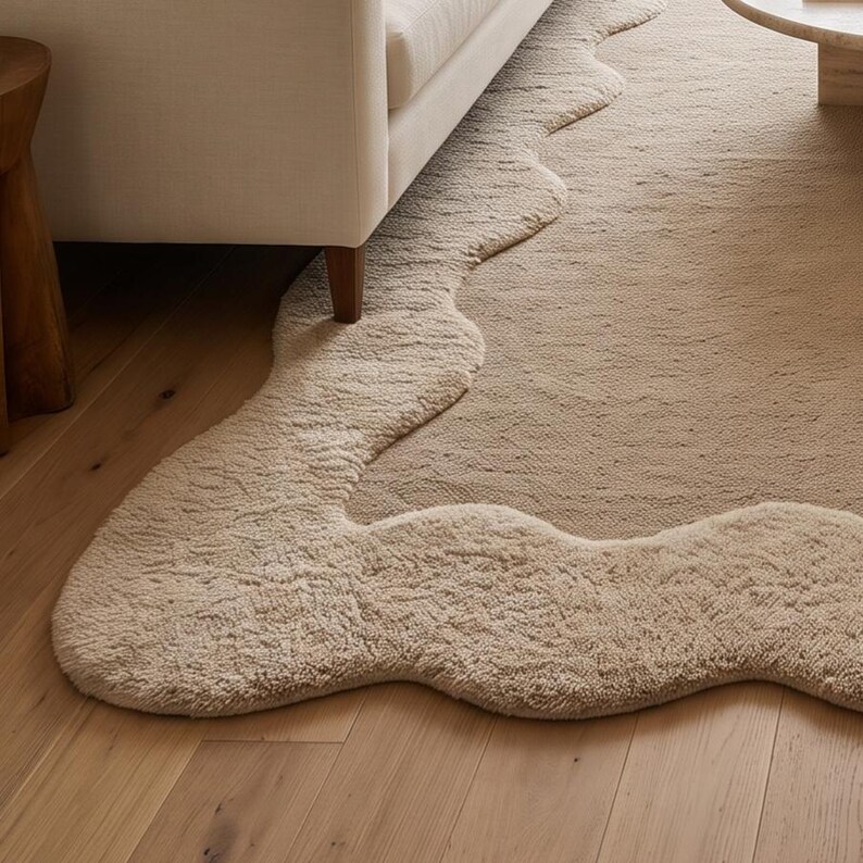 Organic Pastel Rug Texture Hand Tufted Organic Shaped Wool Area Rug | Scalloped Cream Wool Rug ...