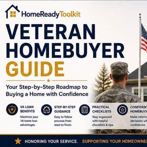 K&ouml;nnte beinhalten: Ein digitaler Flyer mit dem Titel Veteran Homebuyer Guide, der eine Person in milit&auml;rischer Tarnuniform vor einem Haus mit einer amerikanischen Flagge zeigt. Der Text enth&auml;lt HomeReady Toolkit, Thank You For Your Service und Tipps.