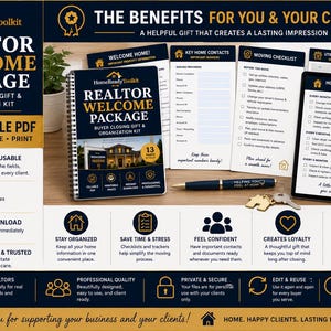 May include: A Realtor Welcome Package digital kit featuring a spiral-bound cover, multiple printable checklists, and a pen with a house-shaped keychain. The documents include sections for home contacts, moving checklists, and maintenance schedules.
