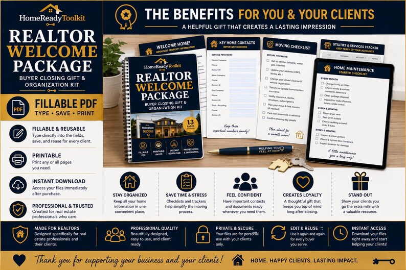 May include: A Realtor Welcome Package digital kit featuring a spiral-bound cover, multiple printable checklists, and a pen with a house-shaped keychain. The documents include sections for home contacts, moving checklists, and maintenance schedules.