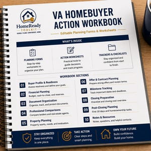 Peut inclure: Un cahier d'exercices &agrave; spirales VA Homebuyer Action Workbook avec une couverture blanche orn&eacute;e de texte et d'ic&ocirc;nes bleu fonc&eacute;. Le document pr&eacute;sente des formulaires de planification, des feuilles de travail et des outils de suivi.