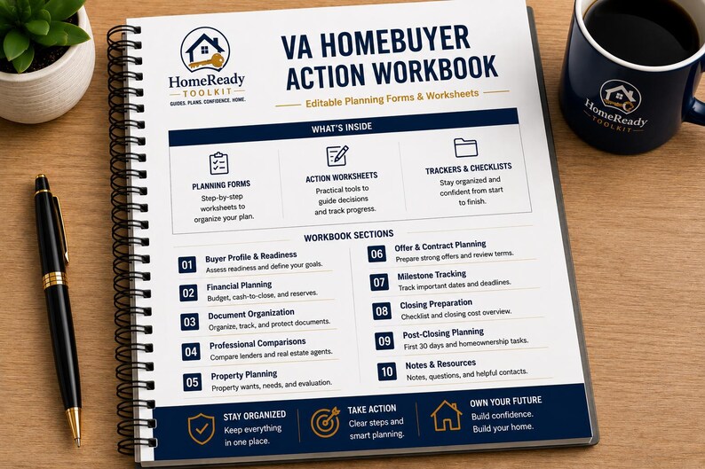 Peut inclure: Un cahier d'exercices &agrave; spirales VA Homebuyer Action Workbook avec une couverture blanche orn&eacute;e de texte et d'ic&ocirc;nes bleu fonc&eacute;. Le document pr&eacute;sente des formulaires de planification, des feuilles de travail et des outils de suivi.