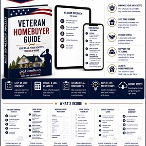 K&ouml;nnte beinhalten: Ein digitales Toolkit f&uuml;r Veteranen mit dem Titel Veteran Homebuyer Guide, bestehend aus einem Buchcover mit Flaggendesign, einem Tablet und Smartphone mit Kredit&uuml;bersichten sowie Abschnitten f&uuml;r Budgetarbeitsbl&auml;tter und Checklisten.